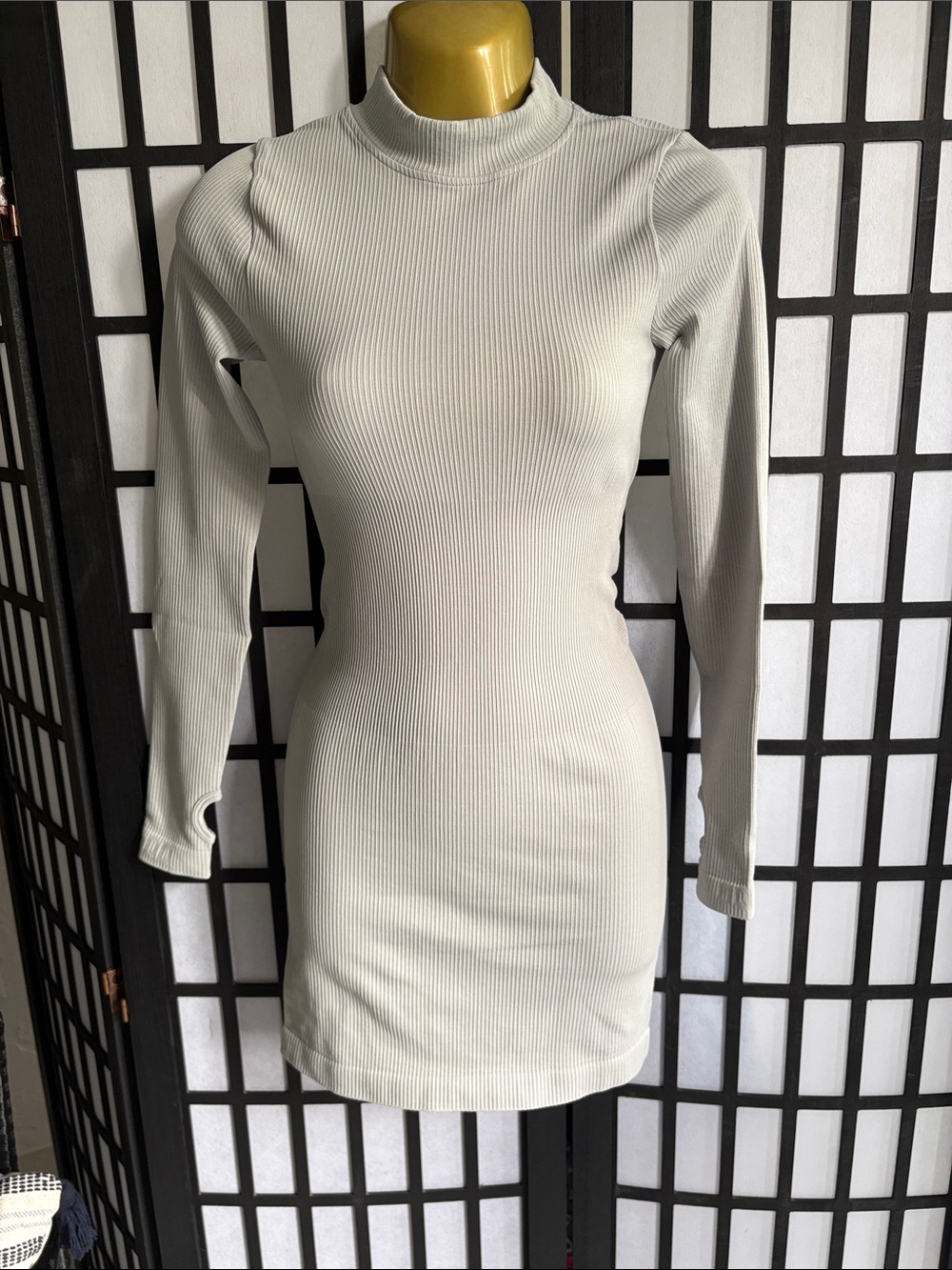 OQQ Ribbed Long-Sleeve Mock Neck Dress - Light Gray
